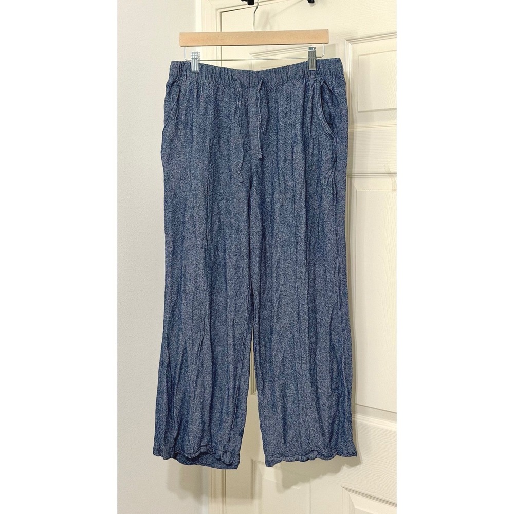 GAP Women sz M Blue Linen Rayon Blend Wide Leg Drawstring Pants Minimalist